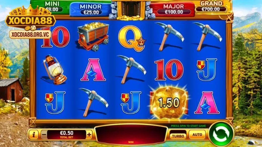  Hệ thống biểu tượng đa dạng trong Mines Gold xocdia88 với vàng, kim cương và các icon đặc biệt.